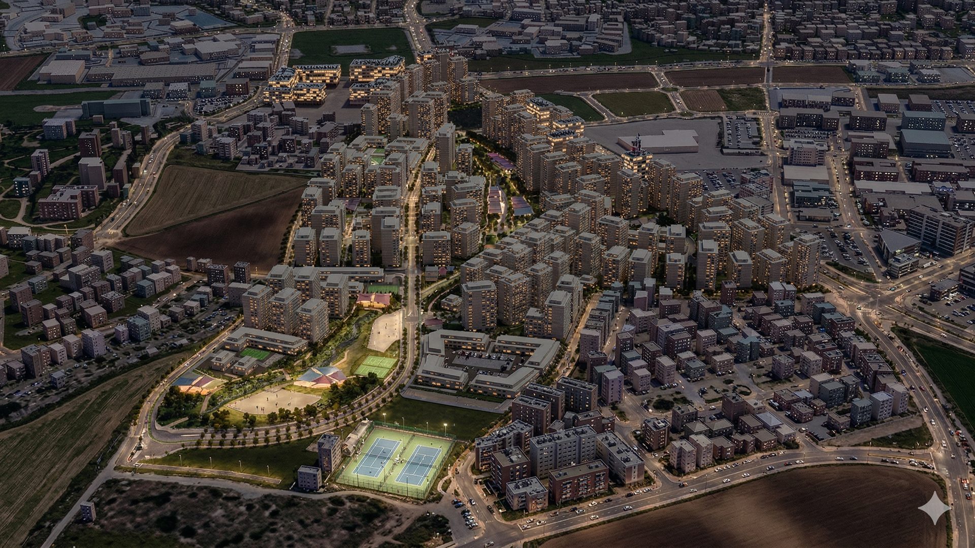 הדמיית רובע המייסדים — מבט-על לילה