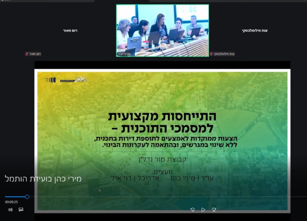 עו"ד מירי כהן נושאת דברים בדיון ההפקדה בותמ"ל, על רקע שקף הפתיחה של המצגת המקצועית